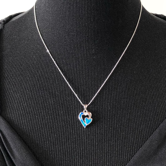 Silver Heart Necklace w/Opal & Diamond-Cut… - Picture 7 of 8